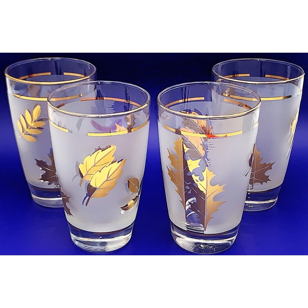 Set of 4 Libbey Gold Leaves Frosted Tumbler Vintage Mid-Century Era Glasses EXC!